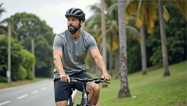 A man exercising while ridinghis bike down the street
